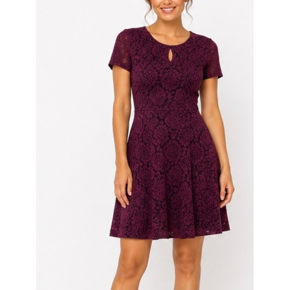 London Style 14P Burgundy Lace Textured Fit & Flare Dress Petite